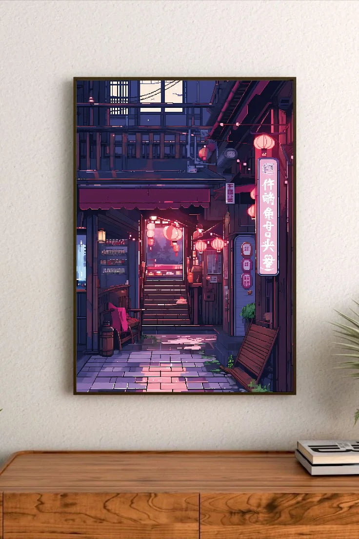 Portrait poster depicts a Japanese alleyway at night, illuminated by pink and red lanterns with neon signage, rendered in pixel-art style