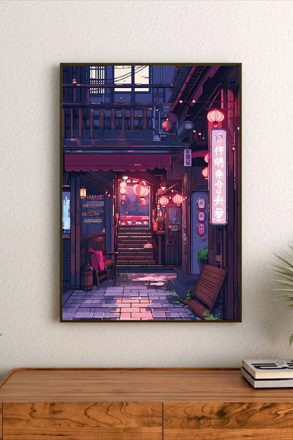 Portrait poster depicts a Japanese alleyway at night, illuminated by pink and red lanterns with neon signage, rendered in pixel-art style
