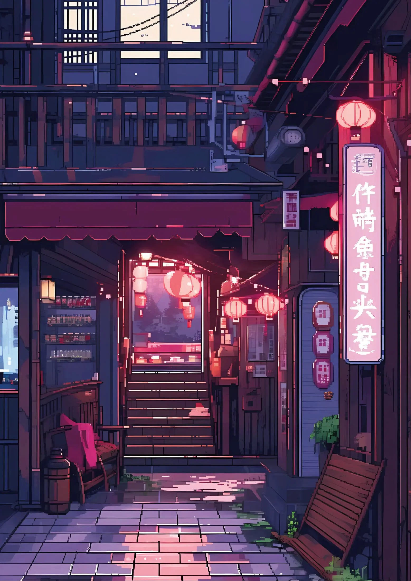 Vertical neon sign with Japanese characters, red lanterns, and dimly lit alleyway in a stylized illustration style