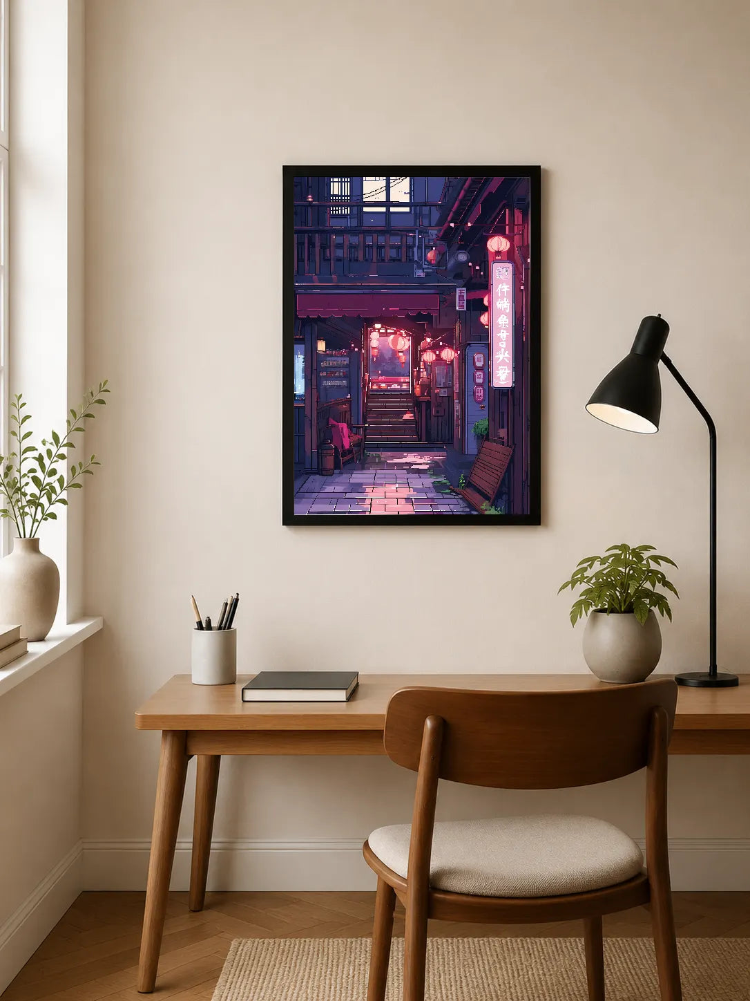 Portrait poster featuring a narrow Japanese alleyway at night, illuminated by red lanterns and glowing neon signs with vertical Chinese characters