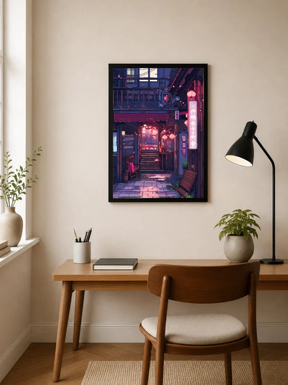 Portrait poster featuring a narrow Japanese alleyway at night, illuminated by red lanterns and glowing neon signs with vertical Chinese characters