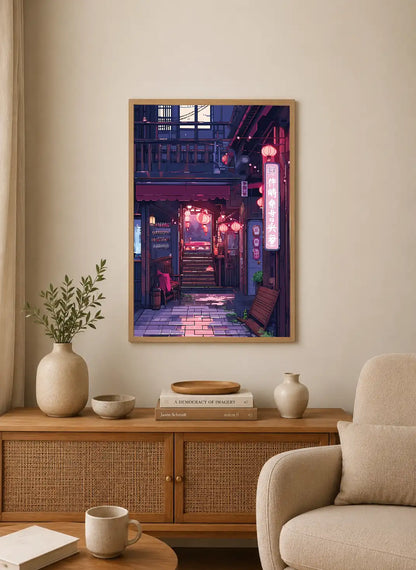 Portrait poster depicting a vibrant neon-lit Japanese alleyway with glowing lanterns and traditional signage in red and purple hues