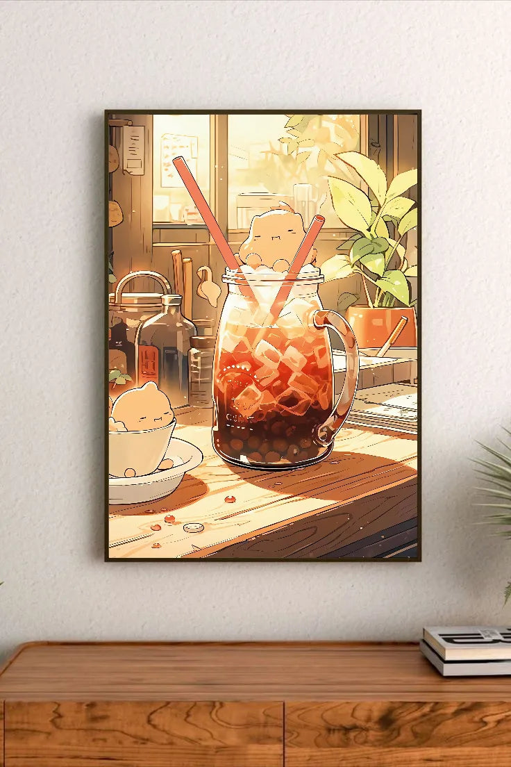 Portrait poster featuring a cartoon character in a glass jar filled with amber-colored ice tea and two straws. Warm color palette, cute style
