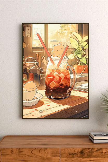 Portrait poster featuring a cartoon character in a glass jar filled with amber-colored ice tea and two straws. Warm color palette, cute style