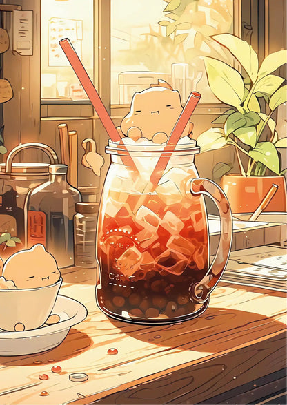 Cartoon cat perched atop ice-filled glass jar with red straws, amber-colored drink and dark tapioca pearls below, warm-toned illustration style