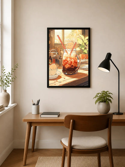 Portrait poster featuring a large glass jar filled with amber-colored drink and ice cubes, accompanied by two red straws and small ceramic bowls