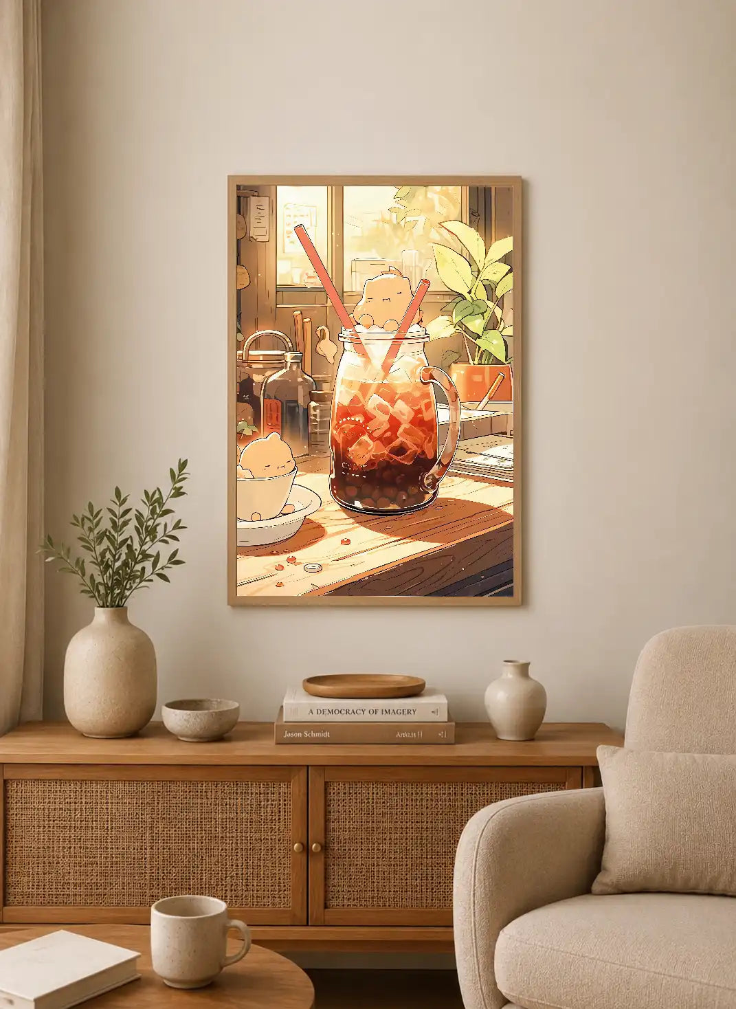 Portrait poster featuring a cartoon creature floating in an amber-hued iced beverage with red straws and ice cubes, rendered in warm, soft watercolor