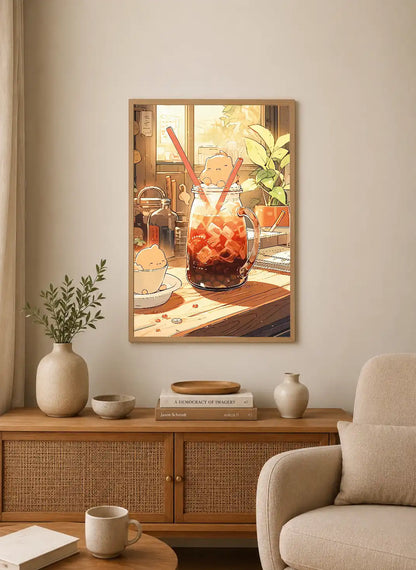 Portrait poster featuring a cartoon creature floating in an amber-hued iced beverage with red straws and ice cubes, rendered in warm, soft watercolor