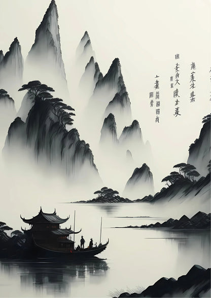 Black and white ink wash landscape with misty mountains, a boat with figures, and calligraphy on right side. Vertical composition