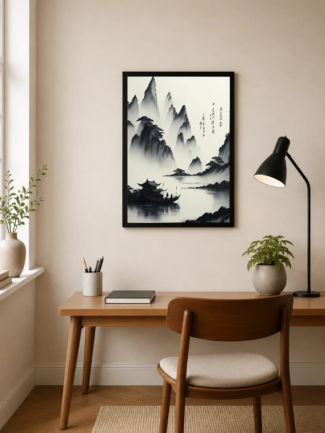 Portrait ink painting depicts misty mountains, a boat with figures, and calligraphy in black and white
