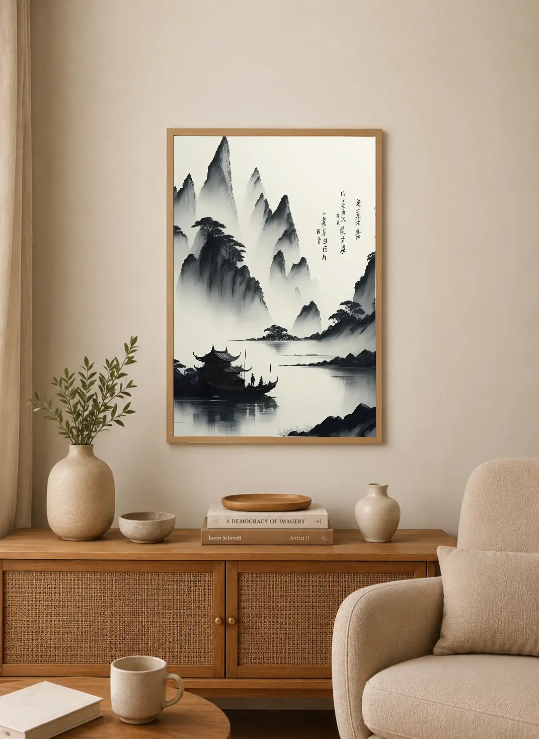 Portrait print in ink wash style depicts misty mountains, a boat with figures, and calligraphic script on right side