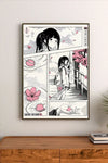 Portrait-style manga poster featuring a girl in cherry blossom scenery with pink accents on petals and hands, rendered in black-and-white with