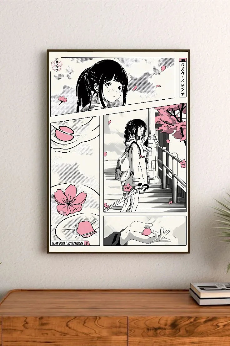 Portrait-style manga poster featuring a girl in cherry blossom scenery with pink accents on petals and hands, rendered in black-and-white with