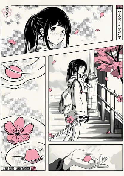 Black-haired girl with freckles, cherry blossoms in pink, manga-style panels, grayscale with selective color accent, vertical layout