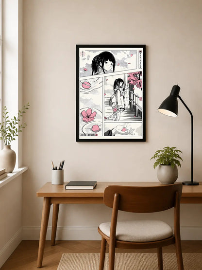 Portrait poster featuring a manga-style girl with black hair, cherry blossoms in pink, and Japanese script within a four-panel layout