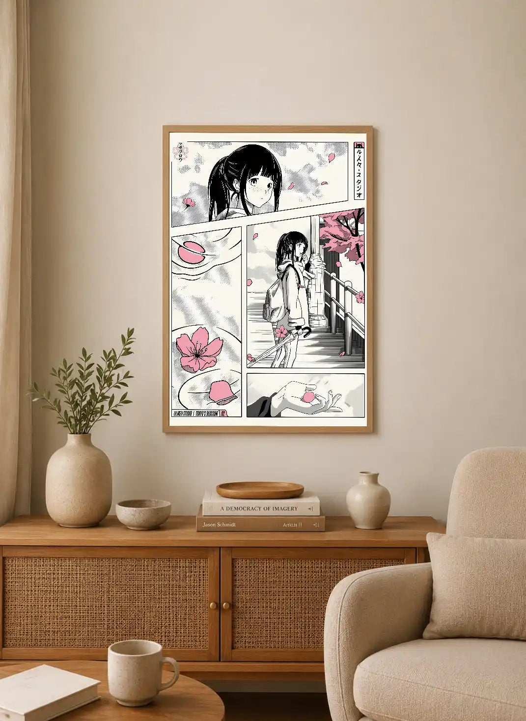 Portrait-style manga poster with black-and-white panels and pink cherry blossoms, featuring a girl in traditional attire