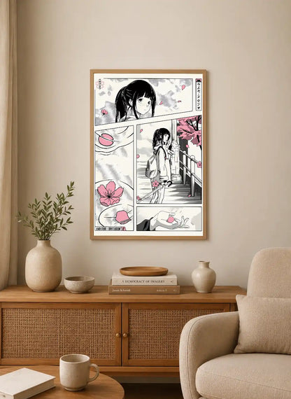 Portrait-style manga poster with black-and-white panels and pink cherry blossoms, featuring a girl in traditional attire