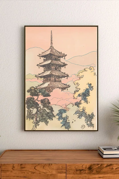 Portrait poster depicting a multi-tiered Japanese pagoda with stylized trees and soft pink-yellow gradient sky. Line art style