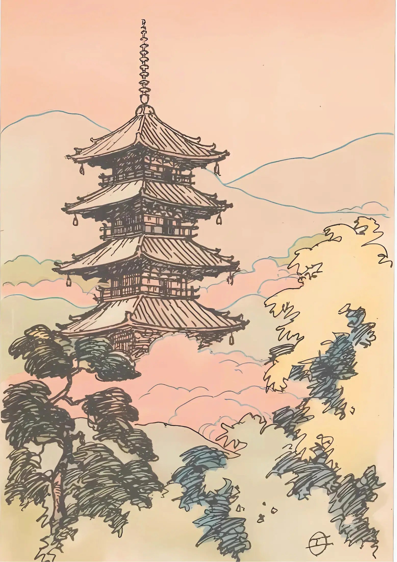 Vertical pagoda with tiered roofs and ornate spire, surrounded by stylized trees against a soft peach-orange sky with wavy cloud outlines