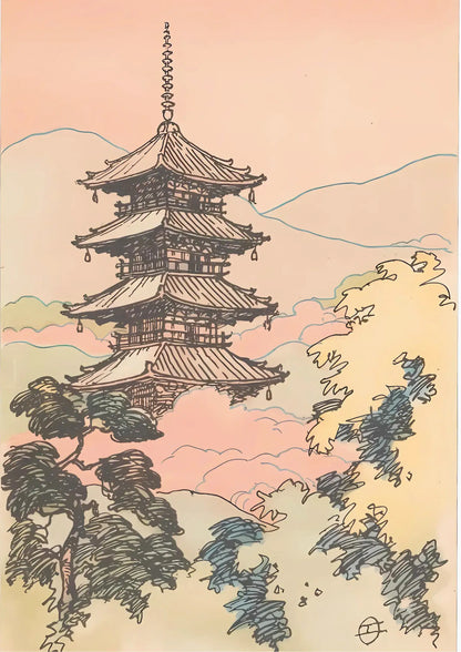 Vertical pagoda with tiered roofs and ornate spire, surrounded by stylized trees against a soft peach-orange sky with wavy cloud outlines