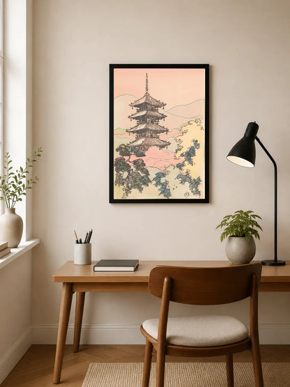 Portrait poster depicting a multi-tiered Japanese pagoda against a soft pink and yellow gradient sky with stylized trees