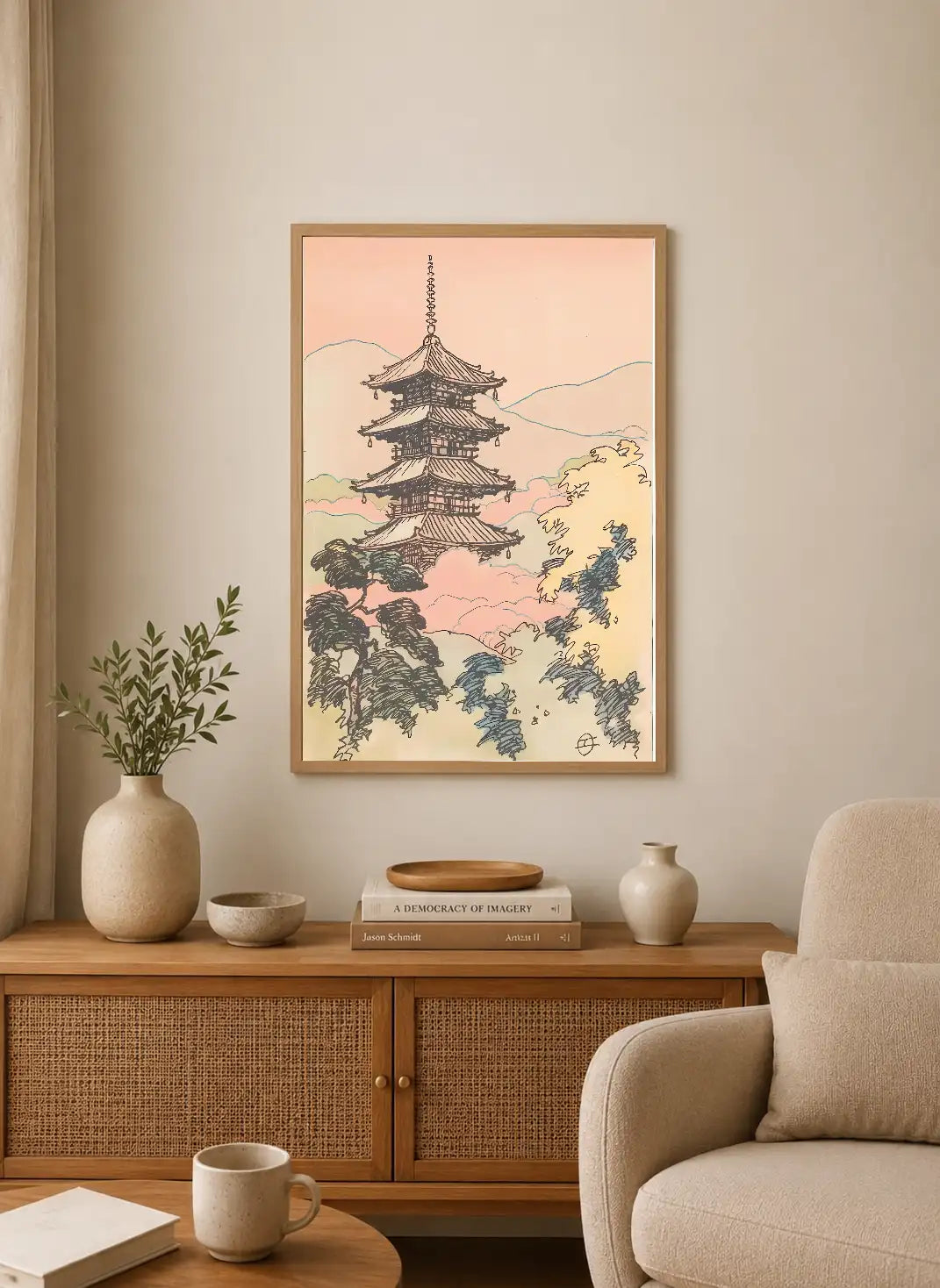 Portrait poster featuring a multi-tiered Japanese pagoda against soft pink and cream skies with stylized trees. Line art style