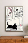 Portrait poster with black-and-white manga panels: cherry blossoms, a girl at a desk, and a black cat on wooden floor, accented in pink