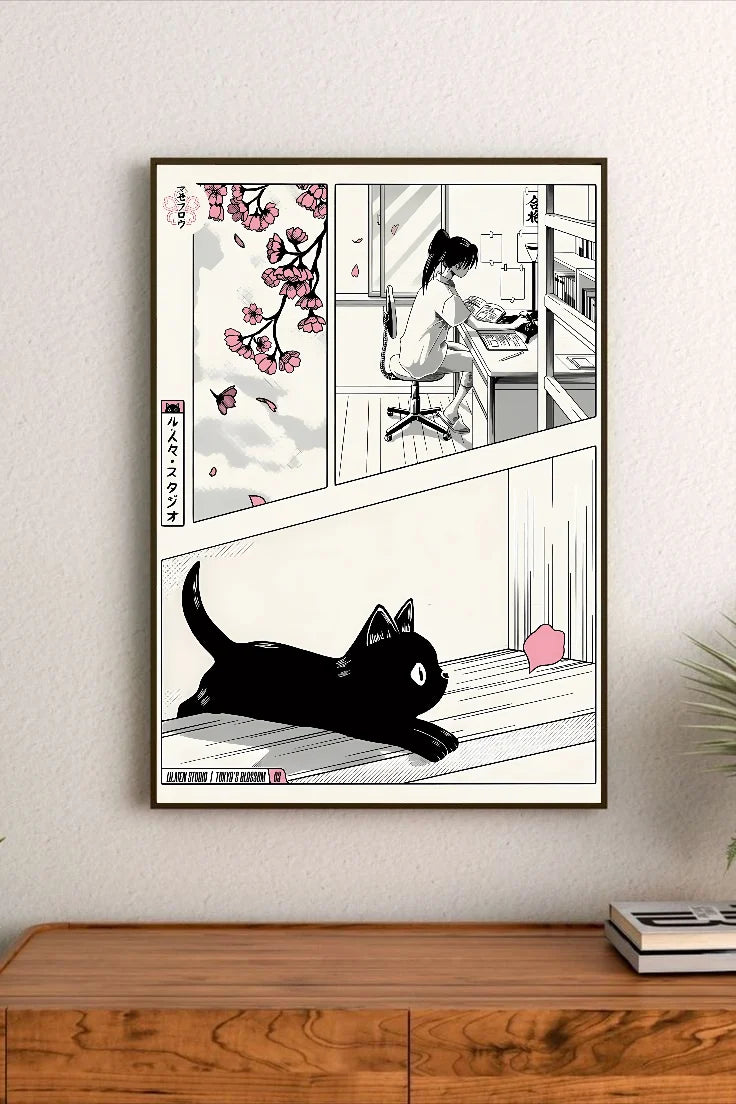 Portrait poster with black-and-white manga panels: cherry blossoms, a girl at a desk, and a black cat on wooden floor, accented in pink