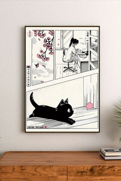 Portrait poster with black-and-white manga panels: cherry blossoms, a girl at a desk, and a black cat on wooden floor, accented in pink