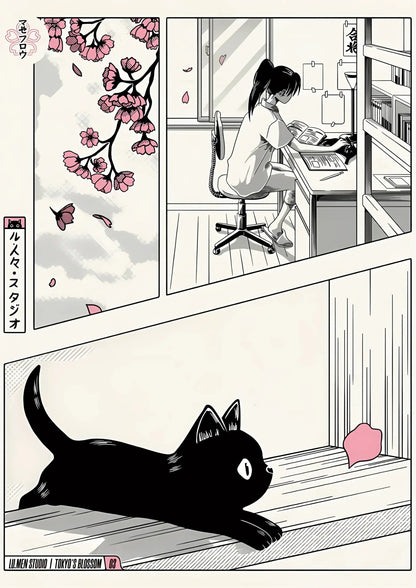 Panel layout with cherry blossoms in pink and black-and-white interior scenes; cat lying on floor near petal. Text elements include Japanese