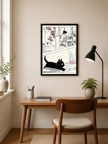 Portrait poster featuring black-and-white illustration with pink cherry blossoms and a black cat on striped floor, alongside a figure at desk