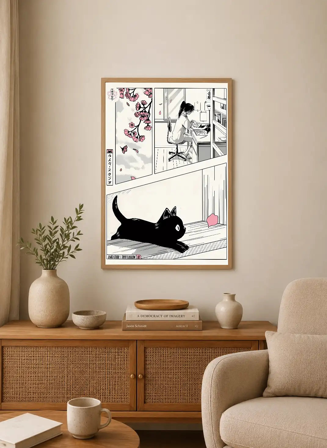 Portrait poster featuring cherry blossoms, a seated person at a desk, and a black cat on a wooden floor, in minimalist illustration style