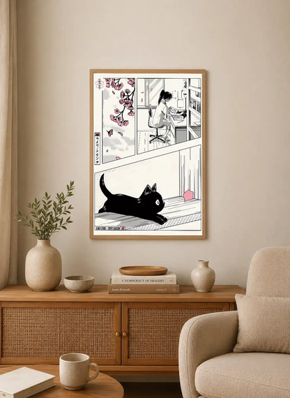 Portrait poster featuring cherry blossoms, a seated person at a desk, and a black cat on a wooden floor, in minimalist illustration style