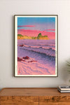 Portrait print depicts ocean waves in purples and pinks under a sky with pink clouds, distant green cliffs, and Japanese calligraphy on sides