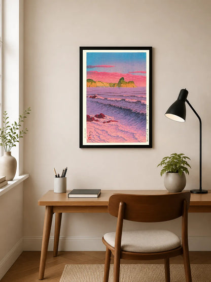 Portrait print depicting a coastal scene with pink and purple skies over waves and rocks, rendered in stylized Japanese woodblock style