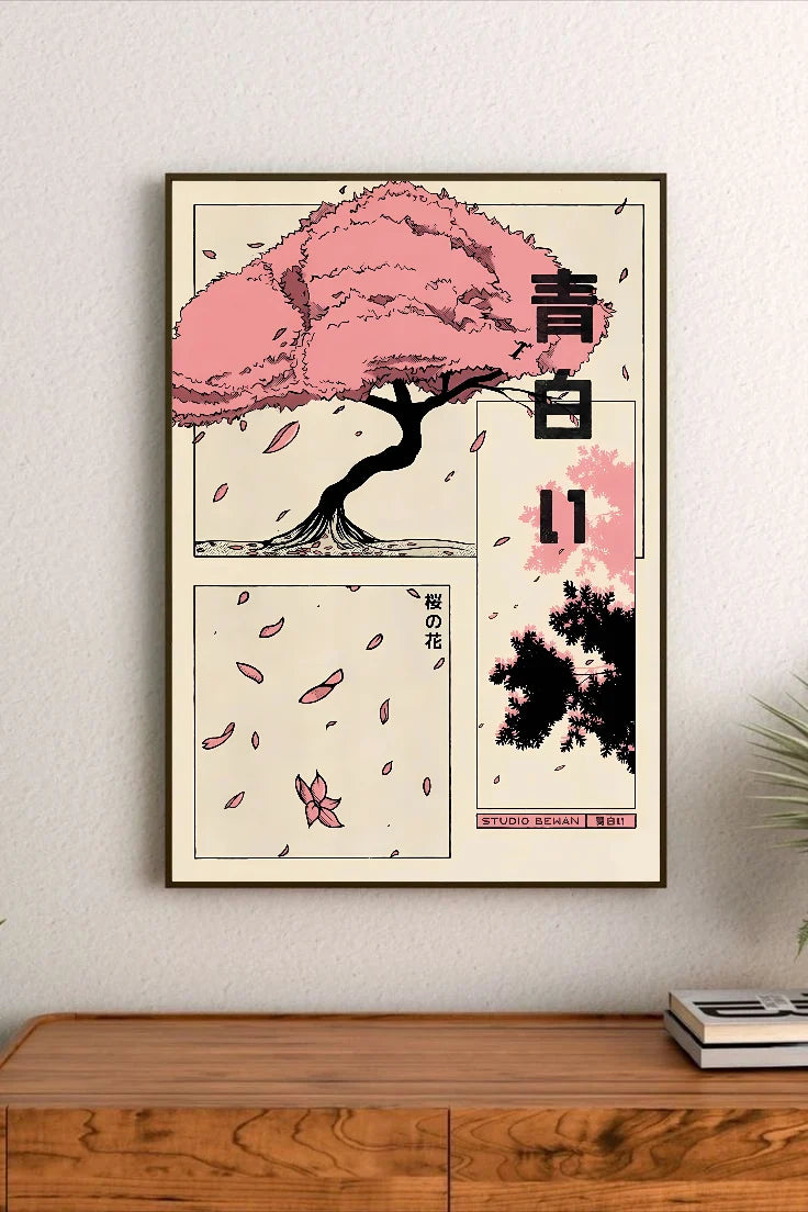 Portrait poster featuring a pink cherry blossom tree with falling petals, black ink line art, and Japanese characters in vertical layout