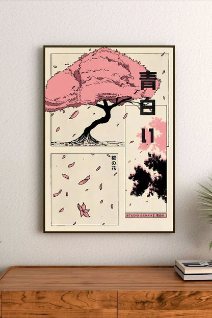 Portrait poster featuring a pink cherry blossom tree with falling petals, black ink line art, and Japanese characters in vertical layout