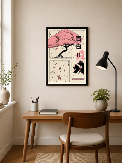 Portrait poster featuring a stylized pink cherry blossom tree with falling petals and Japanese characters in black ink on cream background