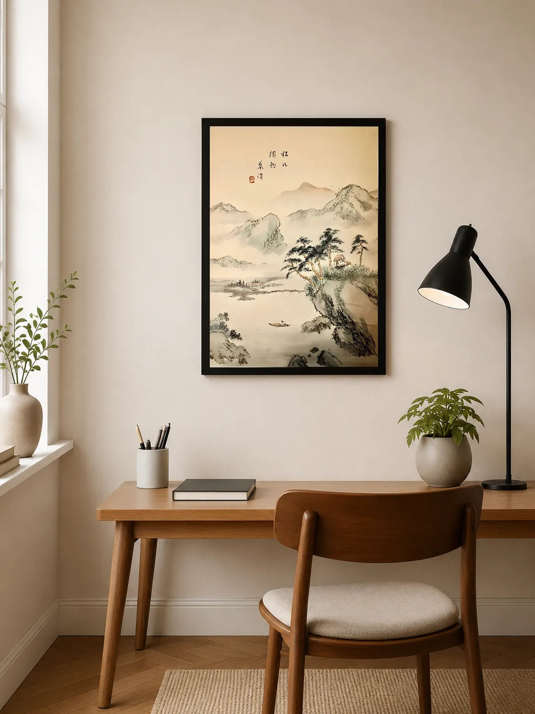 Portrait poster featuring misty mountains, a lone boat on calm water, and calligraphic characters in ink, rendered in soft earth tones