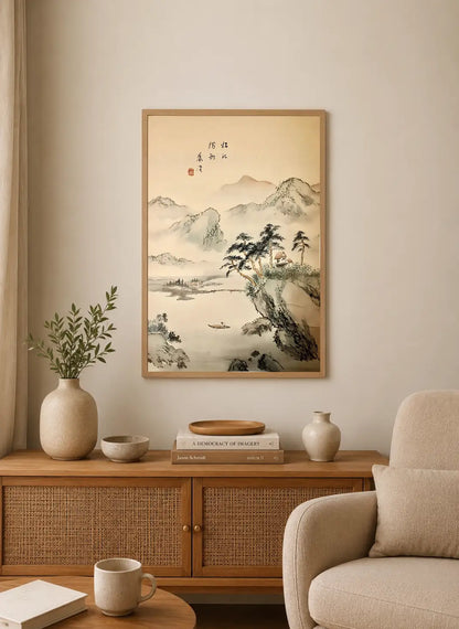 Portrait-style ink wash landscape with misty mountains, pine trees, a small boat, and calligraphy in upper right corner