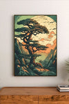 Portrait poster depicting a gnarled pine tree on rocky terrain against a stylized moon and clouds in warm orange and teal tones