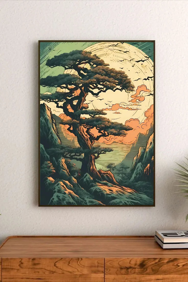 Portrait poster depicting a gnarled pine tree on rocky terrain against a stylized moon and clouds in warm orange and teal tones