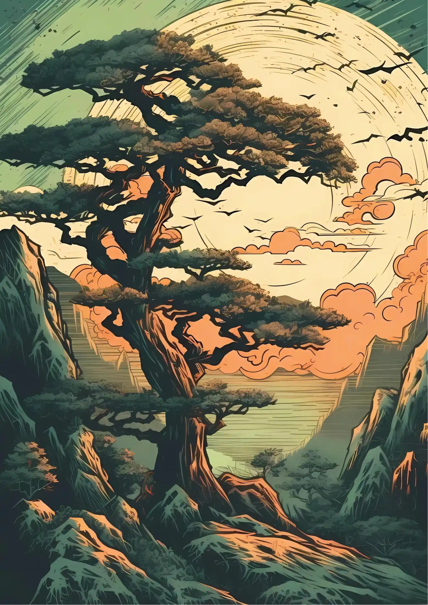 Illustration of a gnarled pine tree on rocky terrain under a large sun, with stylized clouds and birds in warm orange and teal tones