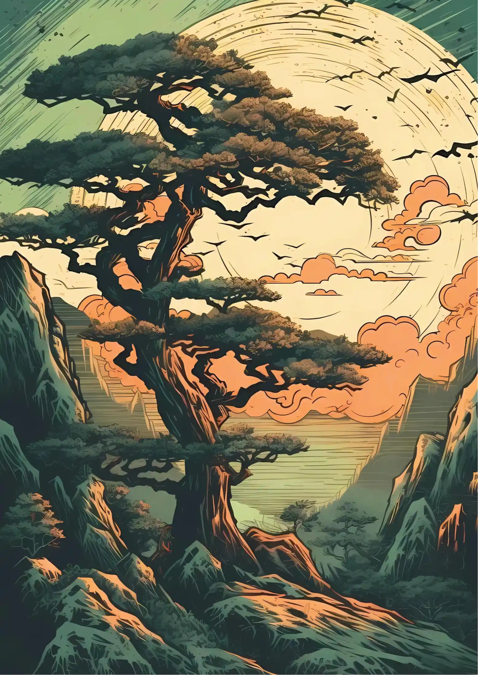 Illustration of a gnarled pine tree on rocky terrain under a large sun, with stylized clouds and birds in warm orange and teal tones