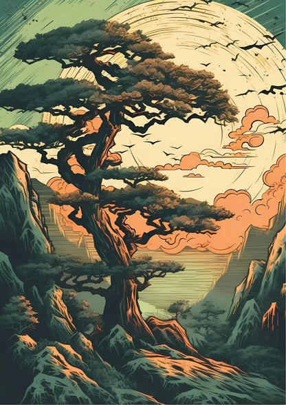 Illustration of a gnarled pine tree on rocky terrain under a large sun, with stylized clouds and birds in warm orange and teal tones