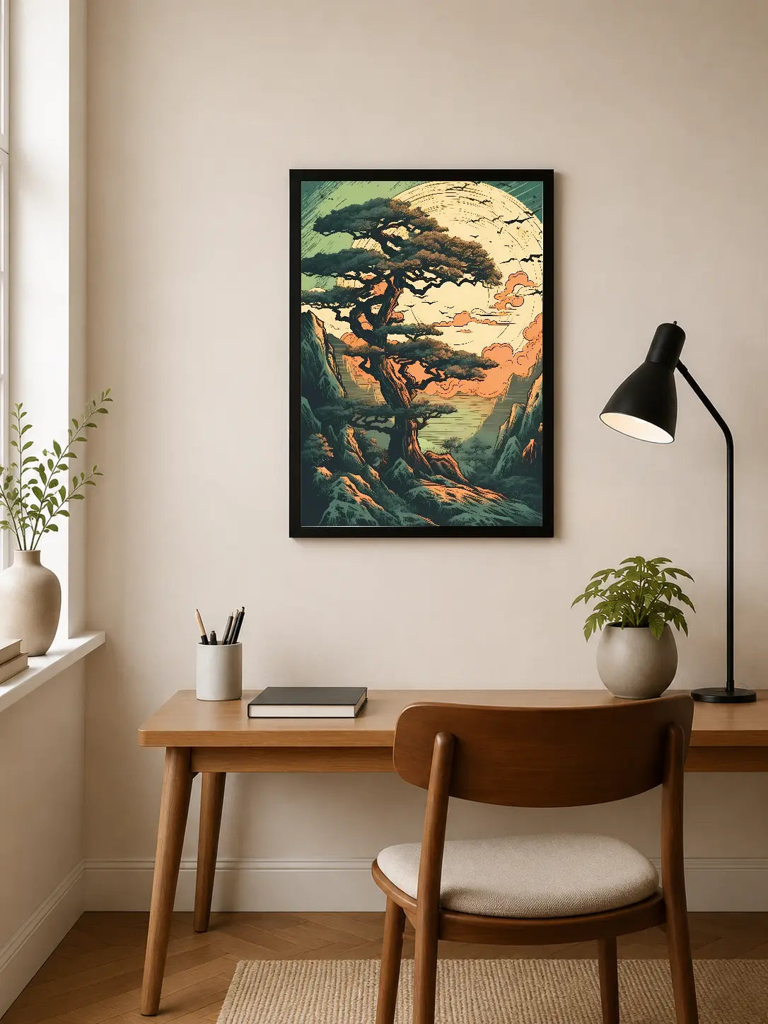 Portrait poster featuring a stylized pine tree against a large moon and mountains, rendered in teal, orange, and cream tones with illustrative