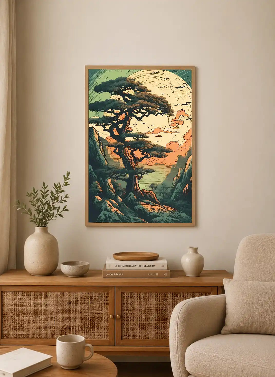 Portrait poster depicting a stylized pine tree against a circular sky with clouds and birds, rendered in earthy greens, ochres, and muted blues