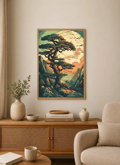 Portrait poster depicting a stylized pine tree against a circular sky with clouds and birds, rendered in earthy greens, ochres, and muted blues