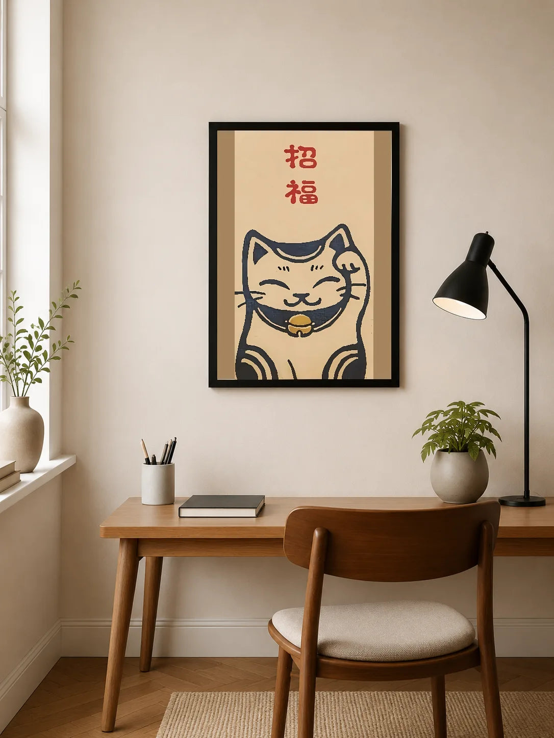 Portrait poster with stylized blue and beige cat holding a bell, red Chinese characters "招福" above