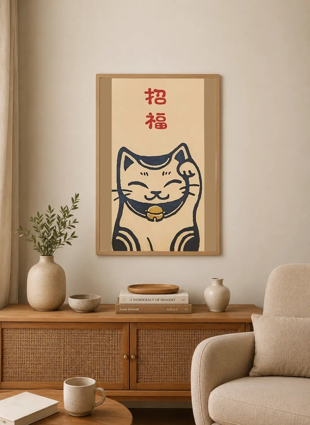Portrait poster featuring a stylized lucky cat in navy and beige with red Chinese characters above it